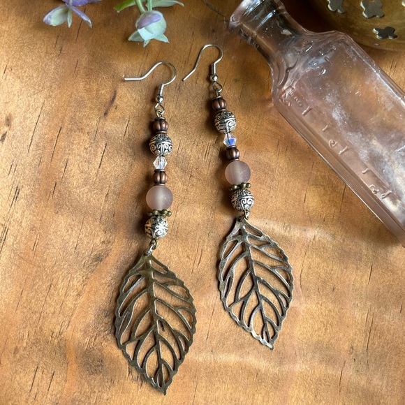 Handmade Nature-Inspired Bronze Leaf Earrings Boho - Picture 2 of 9
